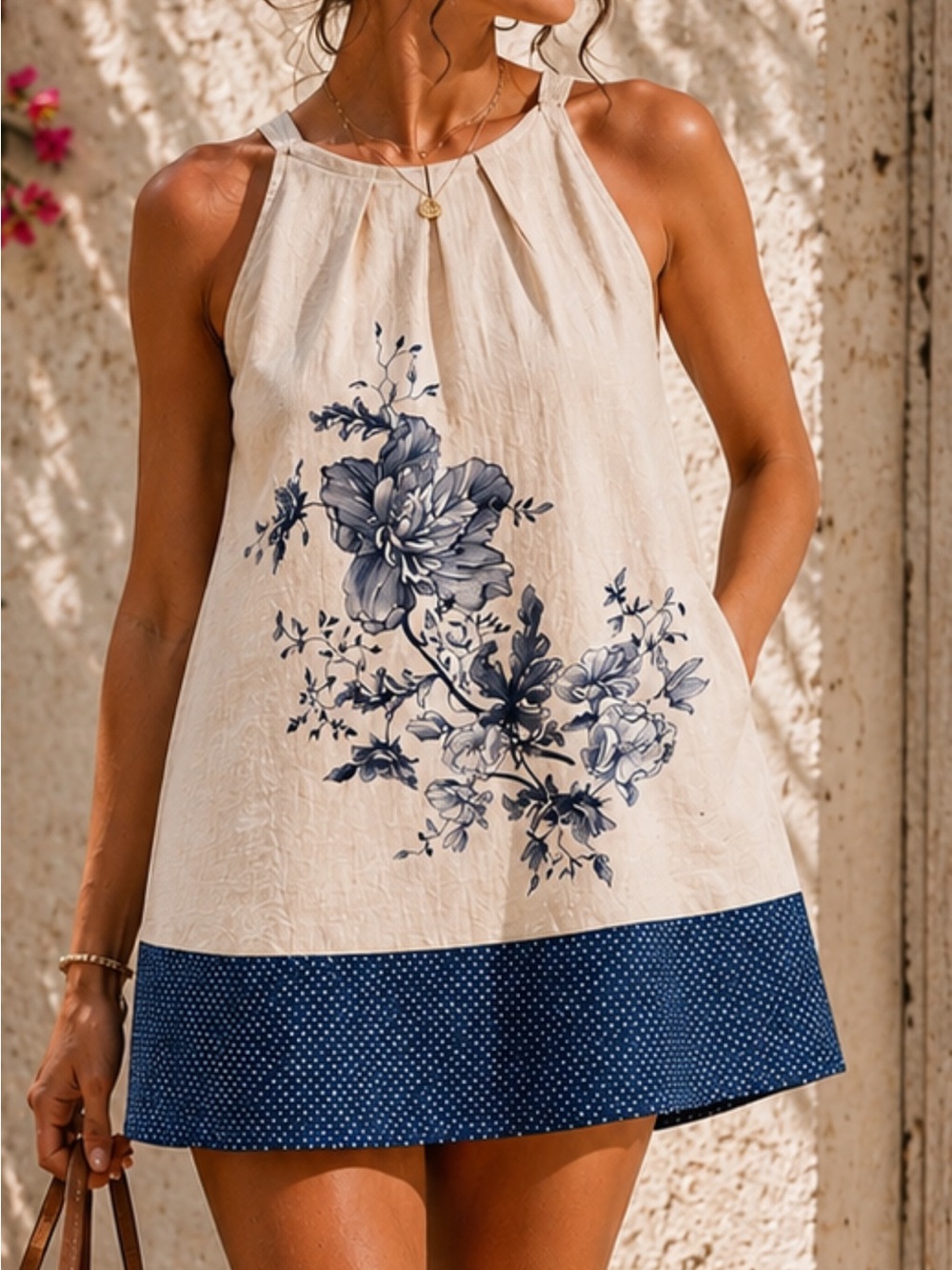 Gorgeous LOFT Dress with Navy Floral Print and Polka-Dot Hem